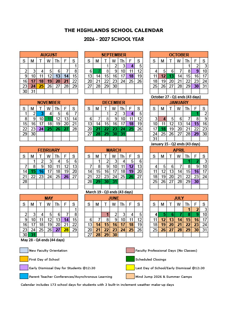 The Highlands School Calendar